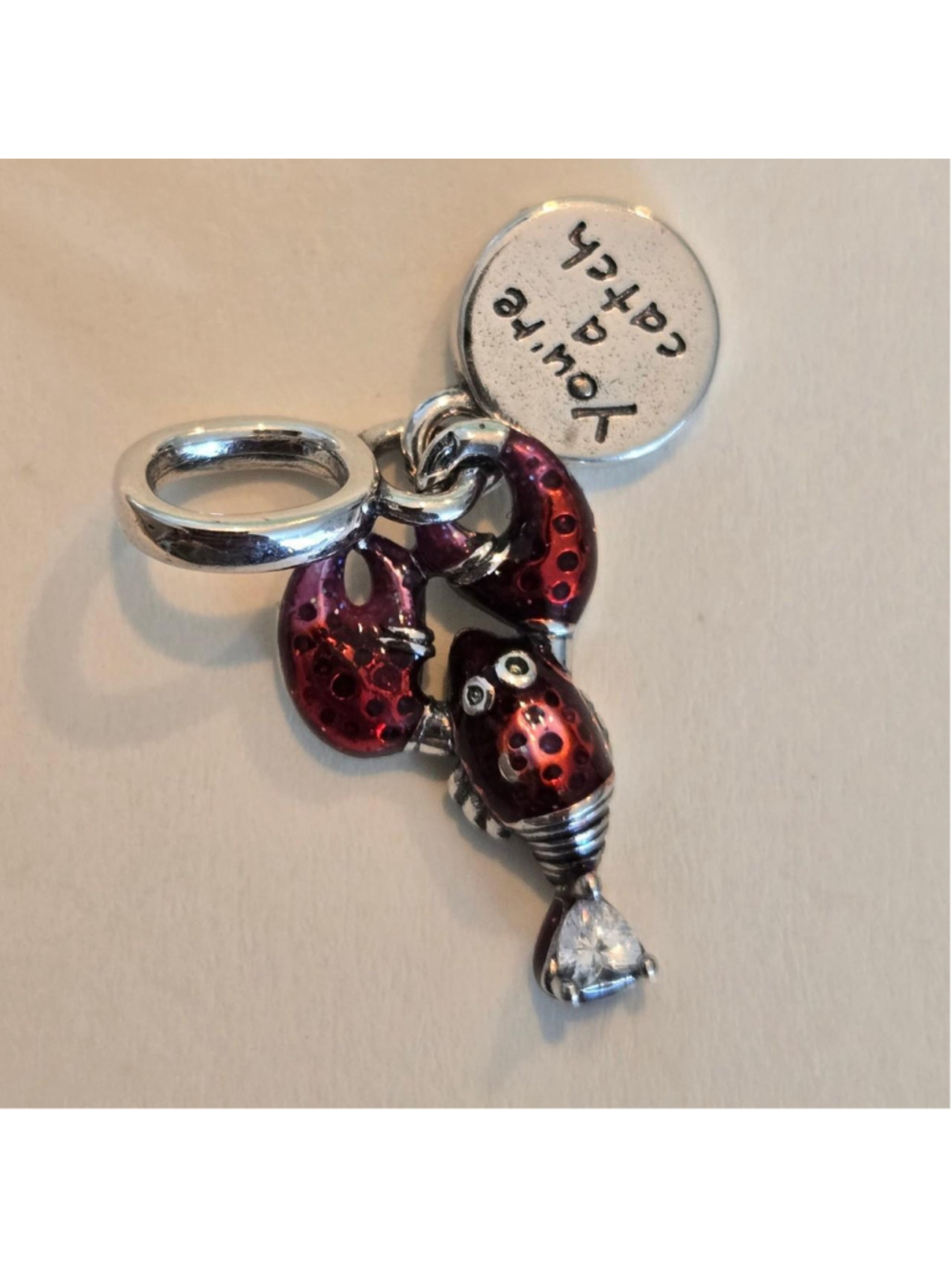 925 Sterling Silver Lobster Charm with red & black spotted shell and 'youre a ca